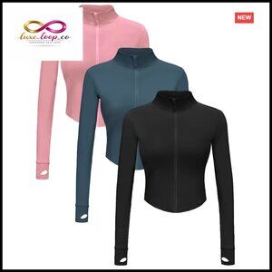 Cropped Full Zip Workout Jacket‎ Slim Fit with Thumb Holes for Running Yoga